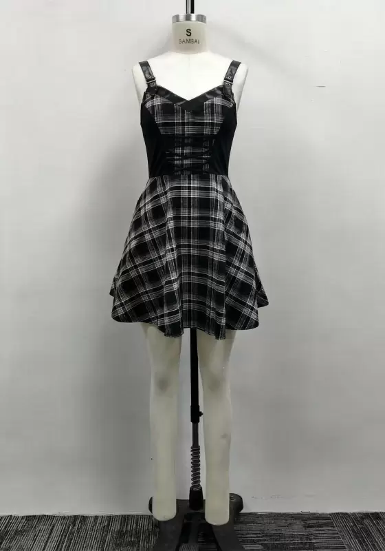 Women Black Plaid Leather Trim Buckle Strap Corset Lace-Up A-Line Mini Dress