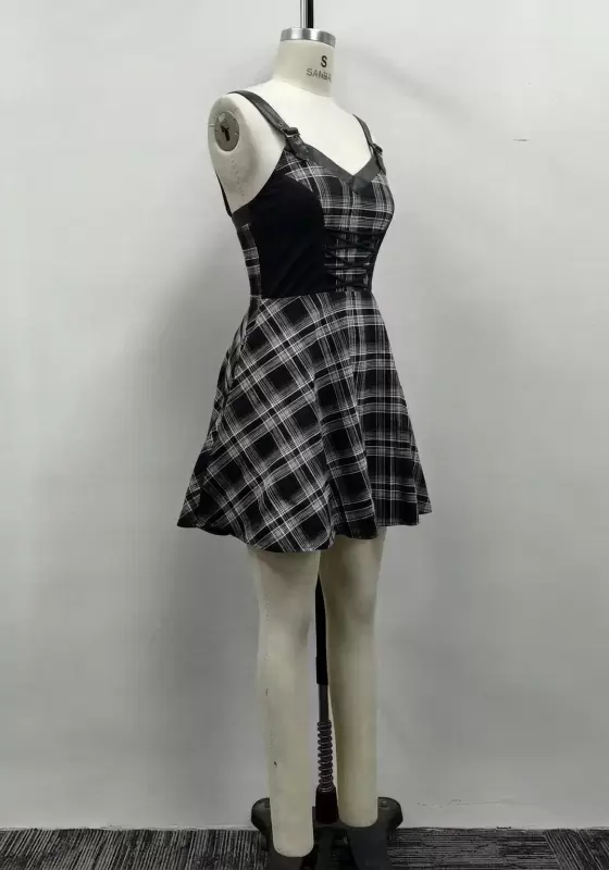 Women Black Plaid Leather Trim Buckle Strap Corset Lace-Up A-Line Mini Dress