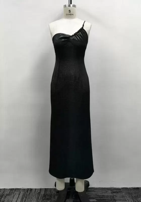 Women Black Shimmer Asymmetrical One-Shoulder Ruched Bust Maxi Dress