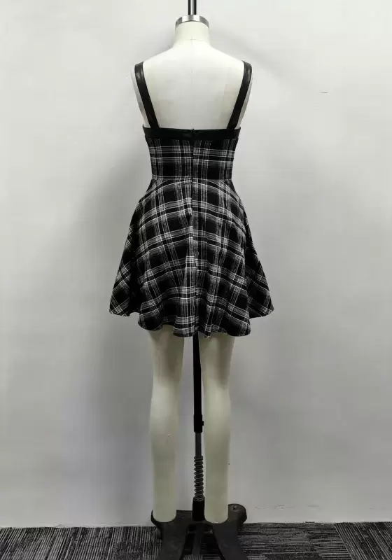 Women Black Plaid Leather Trim Buckle Strap Corset Lace-Up A-Line Mini Dress