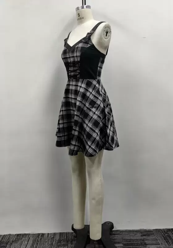 Women Black Plaid Leather Trim Buckle Strap Corset Lace-Up A-Line Mini Dress