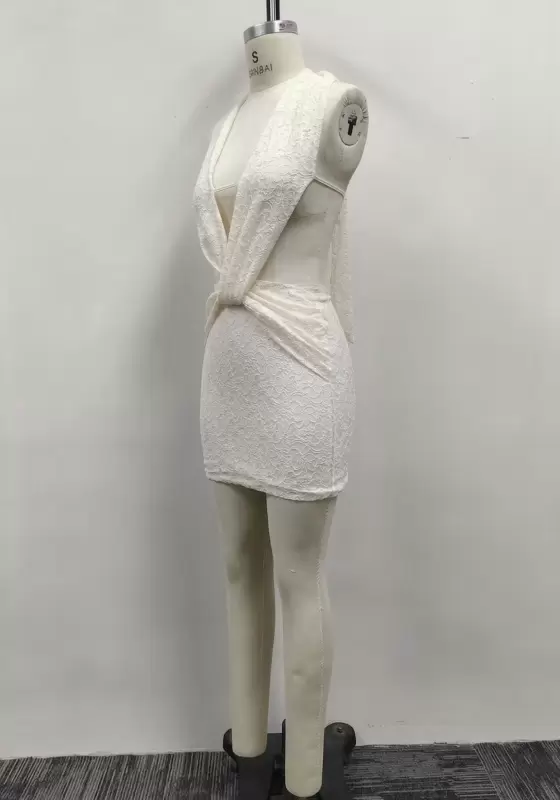 Women Off-White Lace Halter Deep V-Neck Twist Front Cutout Mini Dress