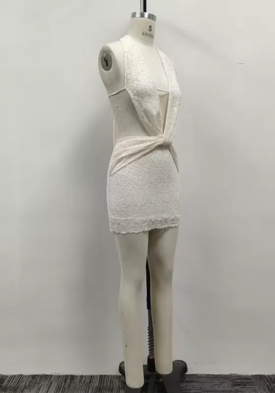 Women Off-White Lace Halter Deep V-Neck Twist Front Cutout Mini Dress