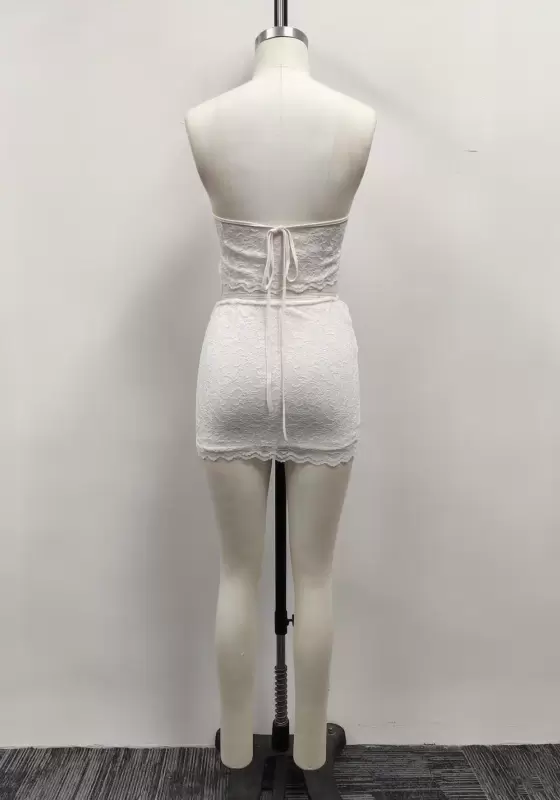 Women Off-White Lace Halter Deep V-Neck Twist Front Cutout Mini Dress