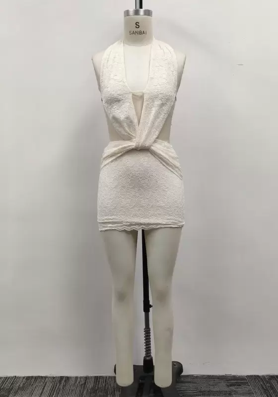 Women Off-White Lace Halter Deep V-Neck Twist Front Cutout Mini Dress