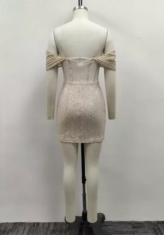 Women Champagne Sequin Off-the-Shoulder Corset Boning Bodycon Mini Dress