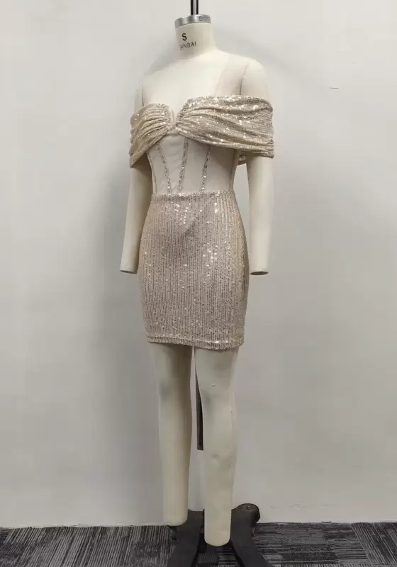 Women Champagne Sequin Off-the-Shoulder Corset Boning Bodycon Mini Dress
