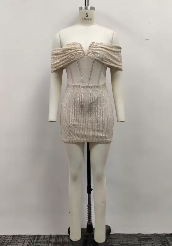 Women Champagne Sequin Off-the-Shoulder Corset Boning Bodycon Mini Dress