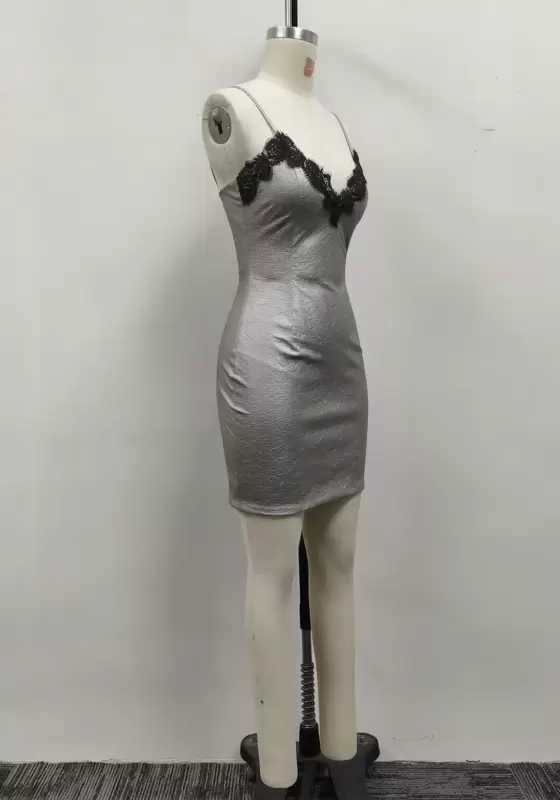 Women Silver Metallic Jacquard Black Lace Trim V-Neck Cami Mini Dress
