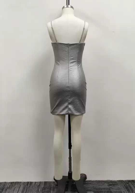 Women Silver Metallic Jacquard Black Lace Trim V-Neck Cami Mini Dress