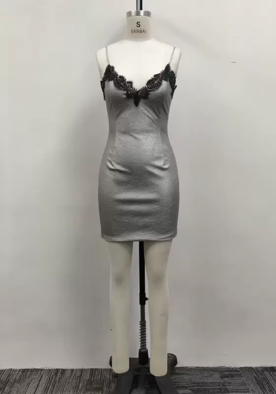 Women Silver Metallic Jacquard Black Lace Trim V-Neck Cami Mini Dress