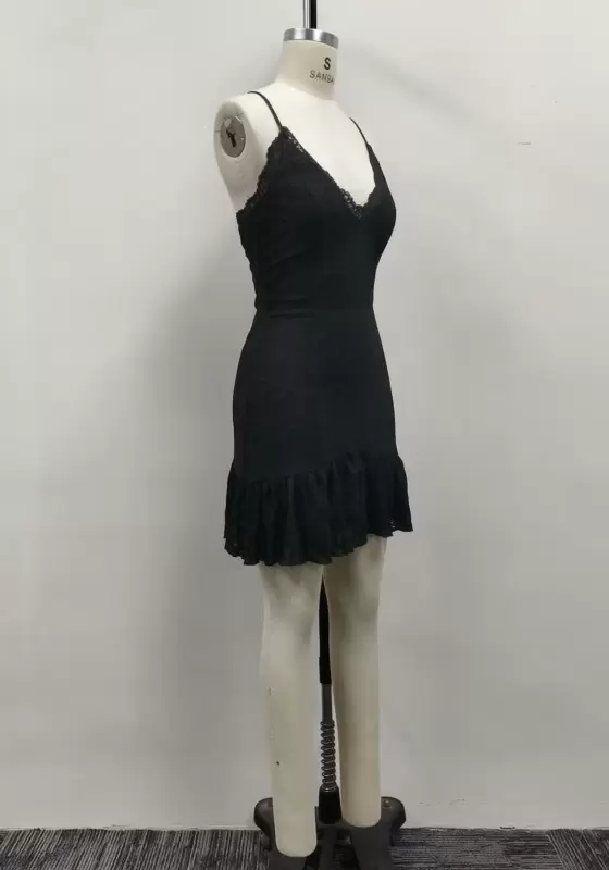 Women Black Lace Trim Deep V-Neck Cami Ruffle Hem Mini Dress