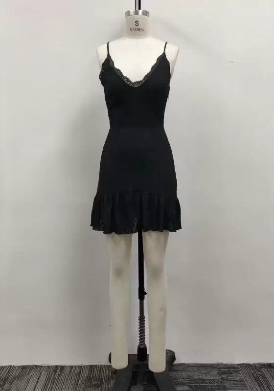 Women Black Lace Trim Deep V-Neck Cami Ruffle Hem Mini Dress