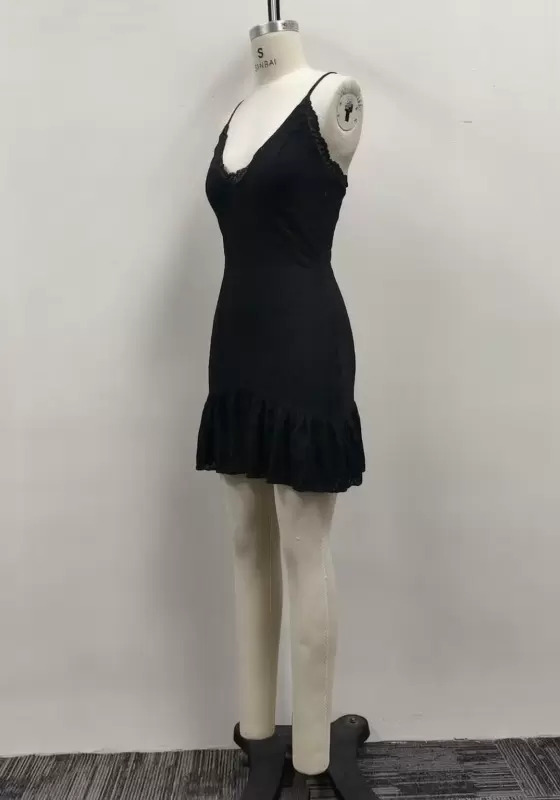 Women Black Lace Trim Deep V-Neck Cami Ruffle Hem Mini Dress