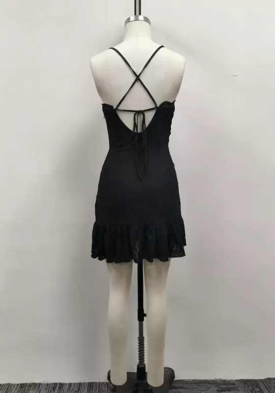 Women Black Lace Trim Deep V-Neck Cami Ruffle Hem Mini Dress