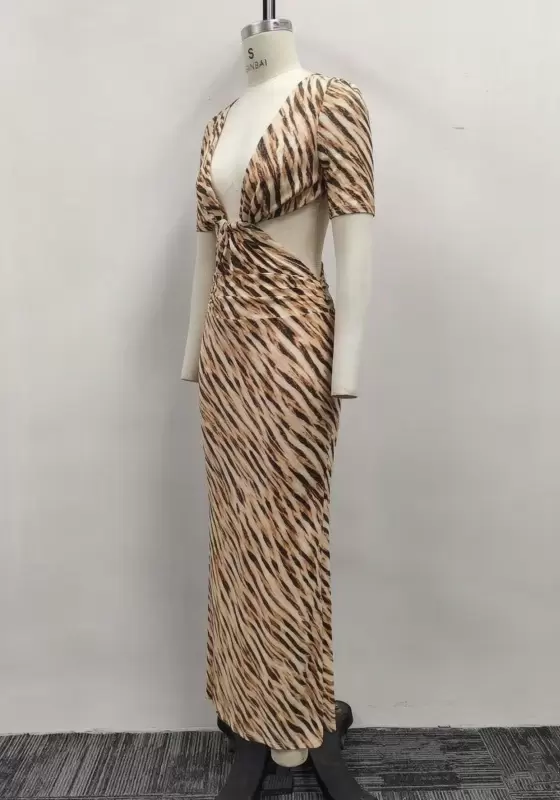 Women Tiger Stripe Print Deep V-Neck Short Sleeve Knot Cutout Midi Dress