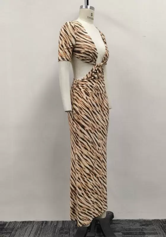 Women Tiger Stripe Print Deep V-Neck Short Sleeve Knot Cutout Midi Dress