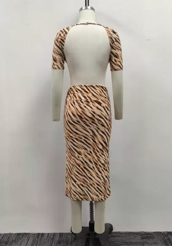Women Tiger Stripe Print Deep V-Neck Short Sleeve Knot Cutout Midi Dress