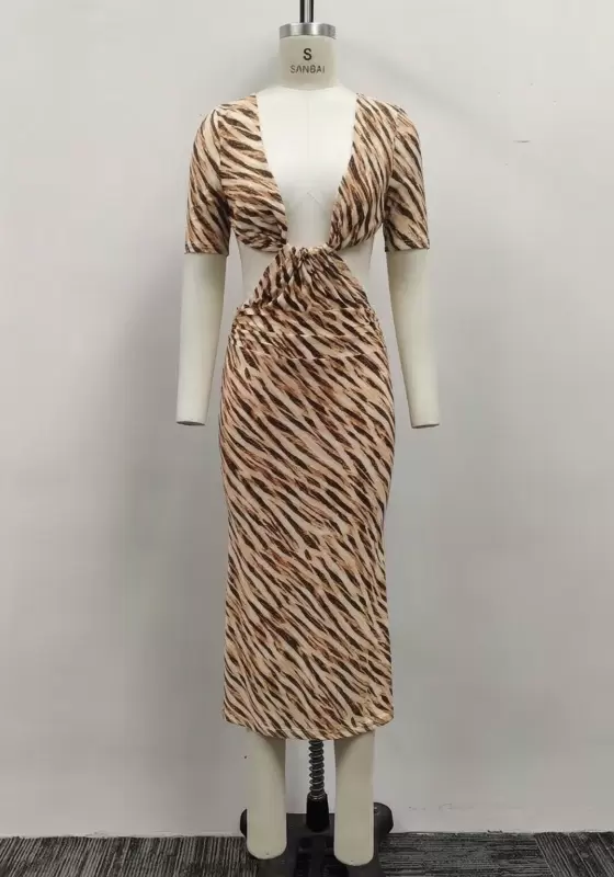 Women Tiger Stripe Print Deep V-Neck Short Sleeve Knot Cutout Midi Dress