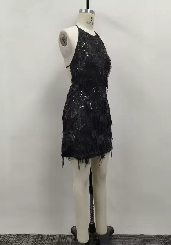 Women Black Sequin Tiered Fringe Halter Neck Mini Dress