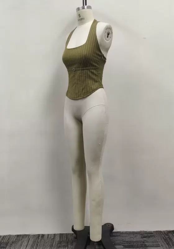 Women Olive Green Pinstripe Halter Square Neck Corset Vest Top