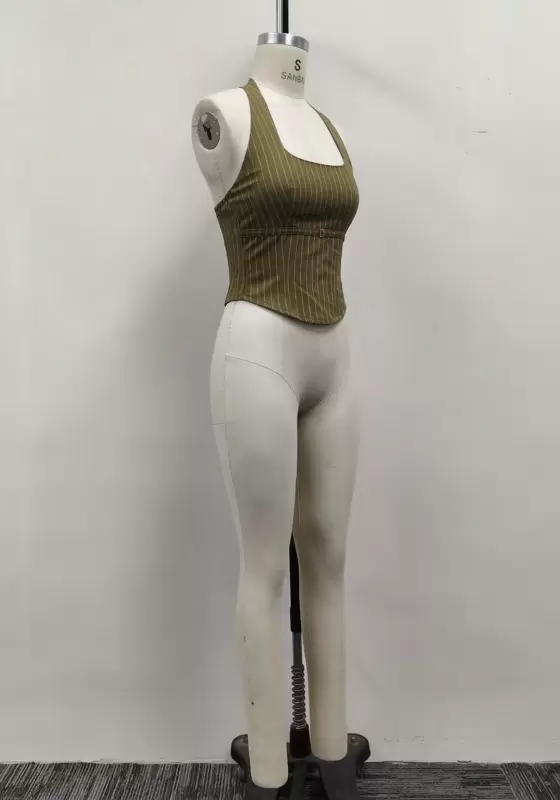Women Olive Green Pinstripe Halter Square Neck Corset Vest Top