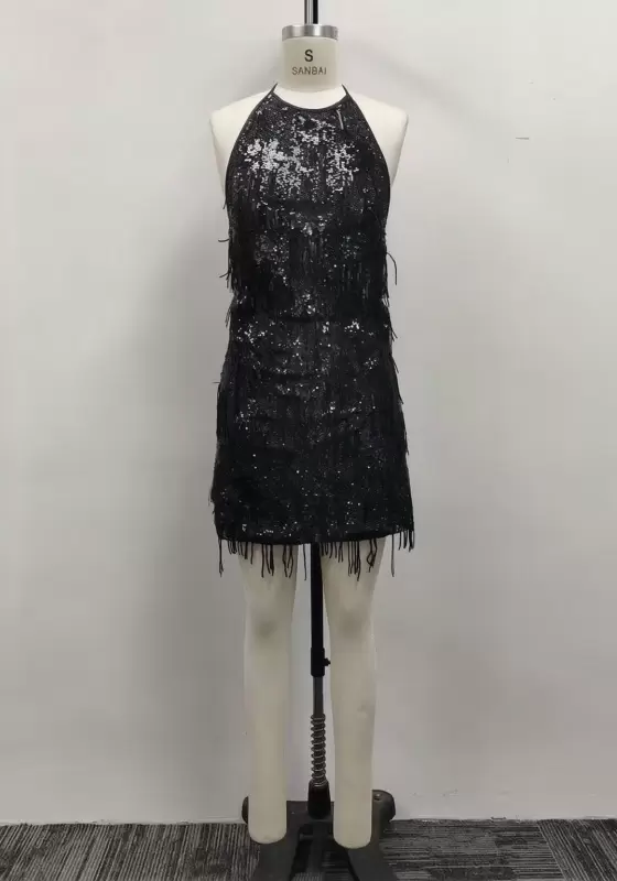 Women Black Sequin Tiered Fringe Halter Neck Mini Dress