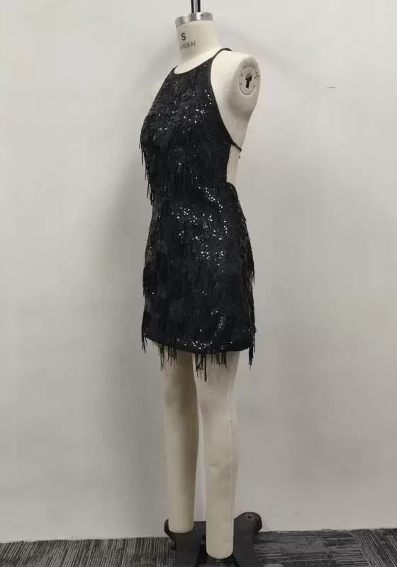 Women Black Sequin Tiered Fringe Halter Neck Mini Dress