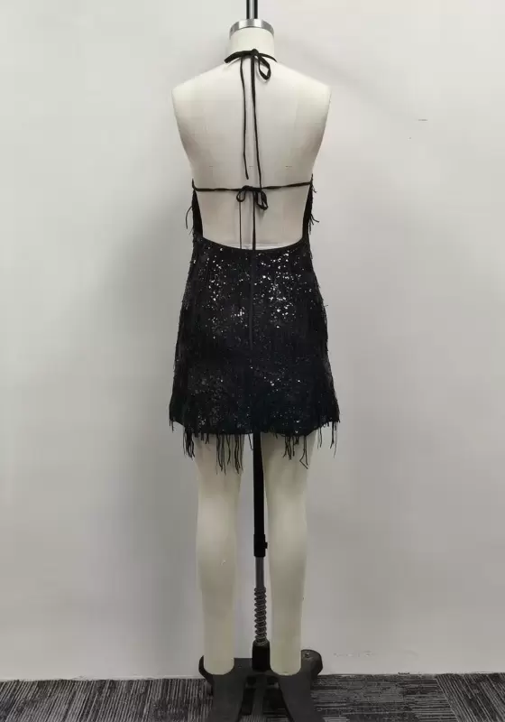 Women Black Sequin Tiered Fringe Halter Neck Mini Dress