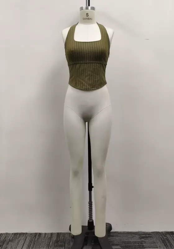 Women Olive Green Pinstripe Halter Square Neck Corset Vest Top