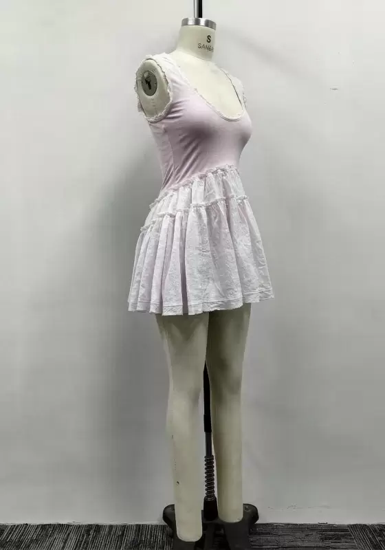 Women Light Pink Scoop Neck Sleeveless Tiered Ruffle Mini Dress