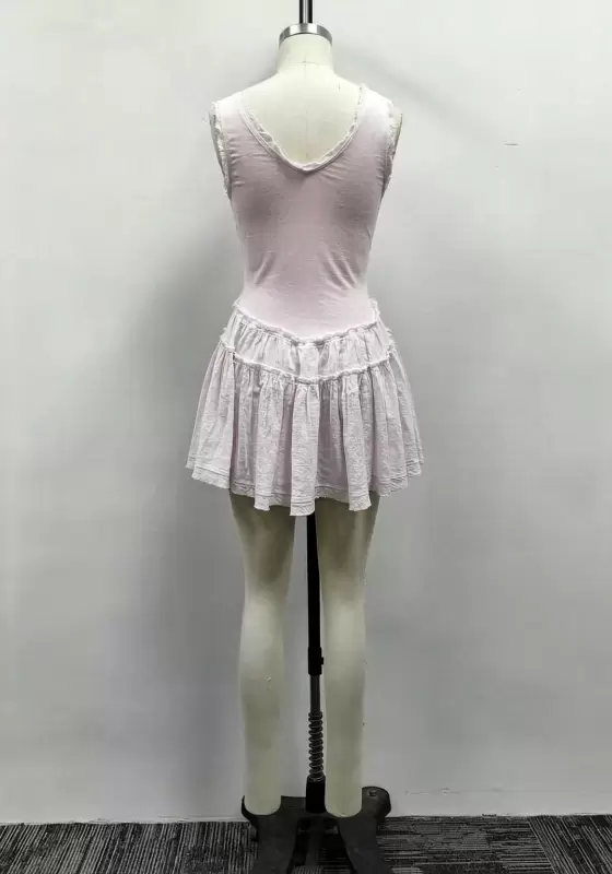 Women Light Pink Scoop Neck Sleeveless Tiered Ruffle Mini Dress