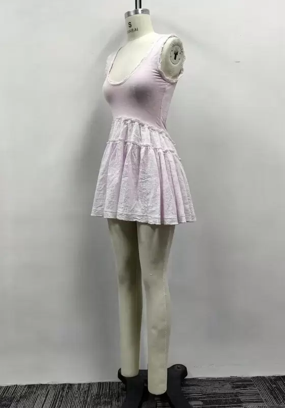 Women Light Pink Scoop Neck Sleeveless Tiered Ruffle Mini Dress