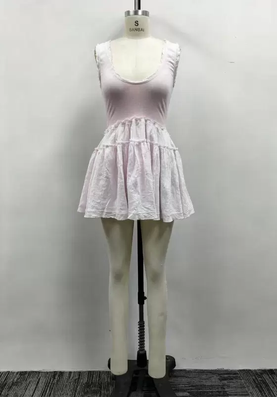 Women Light Pink Scoop Neck Sleeveless Tiered Ruffle Mini Dress