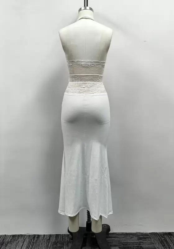 Women White Lace Inset Halter Deep V-Neck Bow Detail Maxi Dress