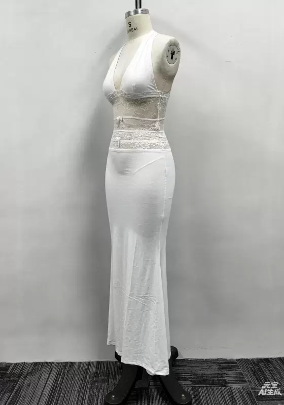 Women White Lace Inset Halter Deep V-Neck Bow Detail Maxi Dress