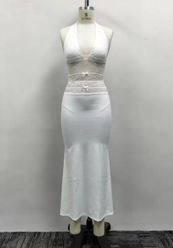 Women White Lace Inset Halter Deep V-Neck Bow Detail Maxi Dress