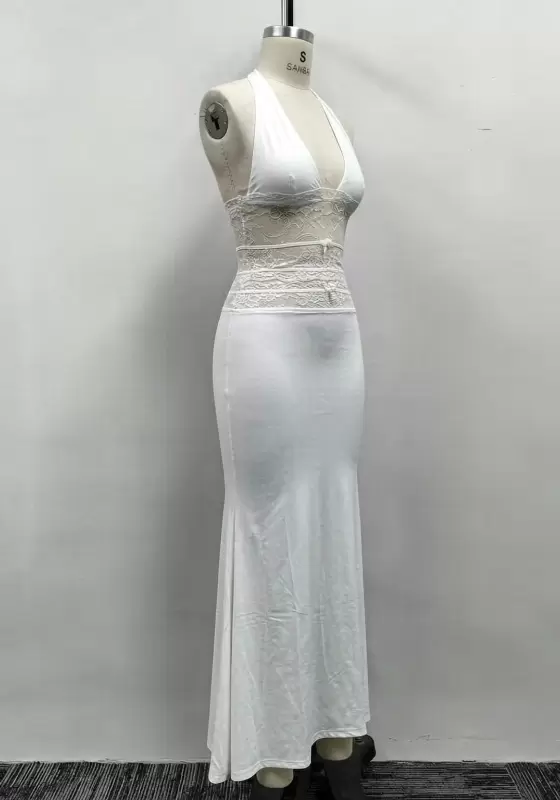 Women White Lace Inset Halter Deep V-Neck Bow Detail Maxi Dress