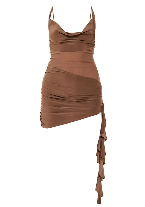 Double Layer Mesh Panel Ribbon Ruched Dress
