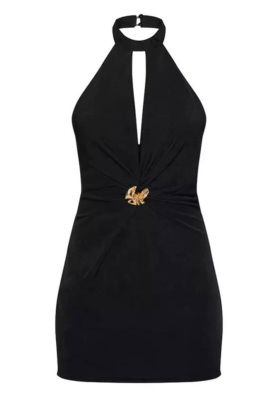 Halter Backless Ruched Cut Out Mini Dress