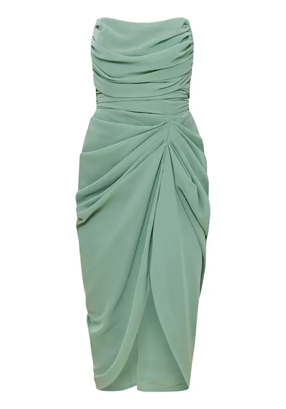 Chiffon Corset Bandeau Draped Ruched Midi Dress