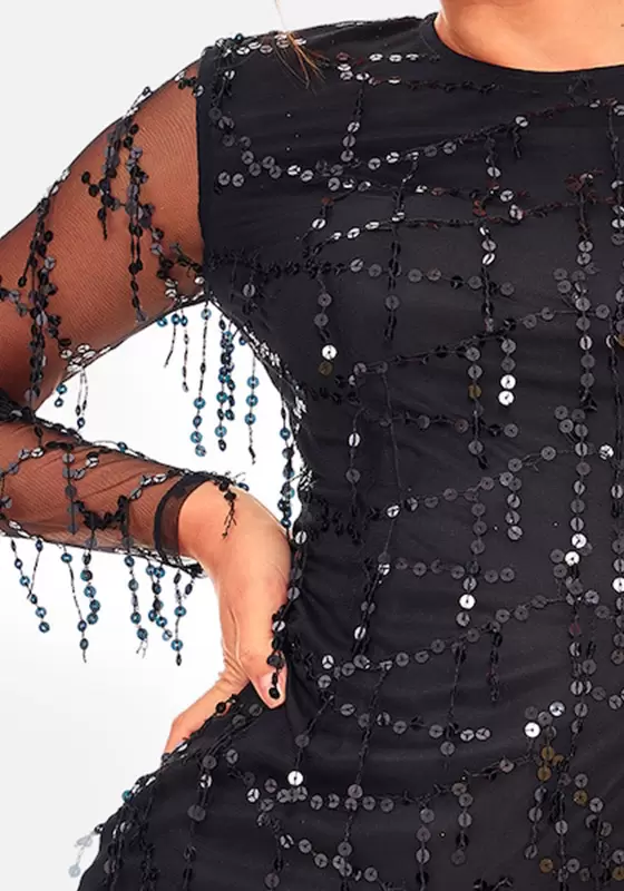 Mesh Sequin Detail Long Sleeve Mini Dress