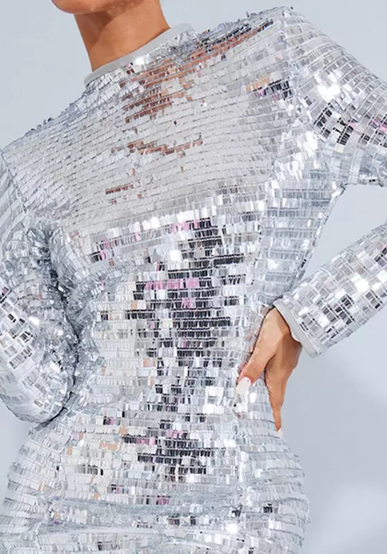 Silver Sequin Shoulder Pad Detail Micro Mini Dress