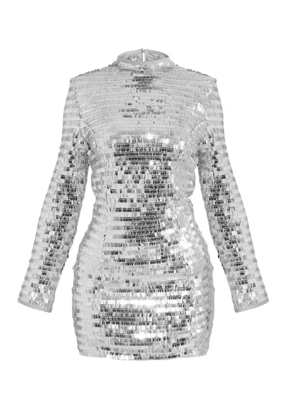 Silver Sequin Shoulder Pad Detail Micro Mini Dress