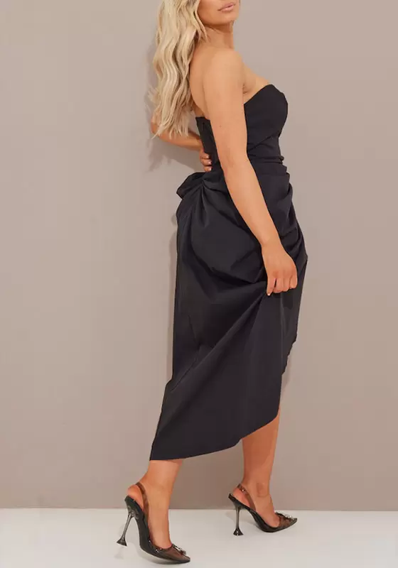 Strapless V Bar Gathered Hip Midi Dress