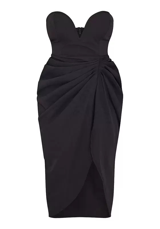 Strapless V Bar Gathered Hip Midi Dress
