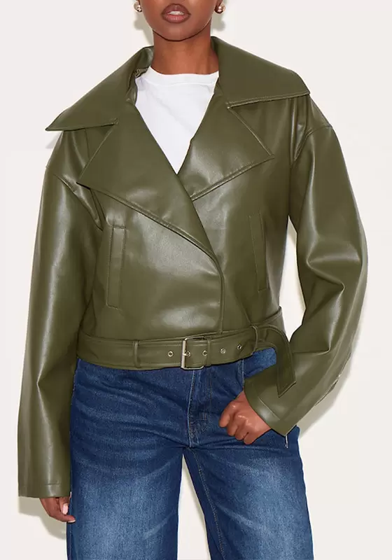 Faux Leather Belted Relaxed Fit Biker Jacket