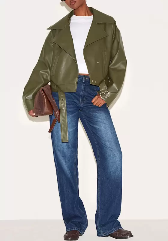 Faux Leather Belted Relaxed Fit Biker Jacket