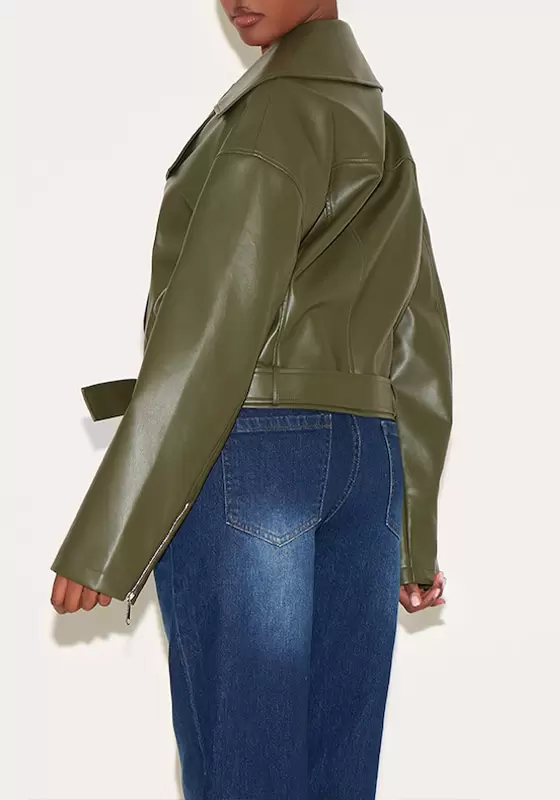 Faux Leather Belted Relaxed Fit Biker Jacket