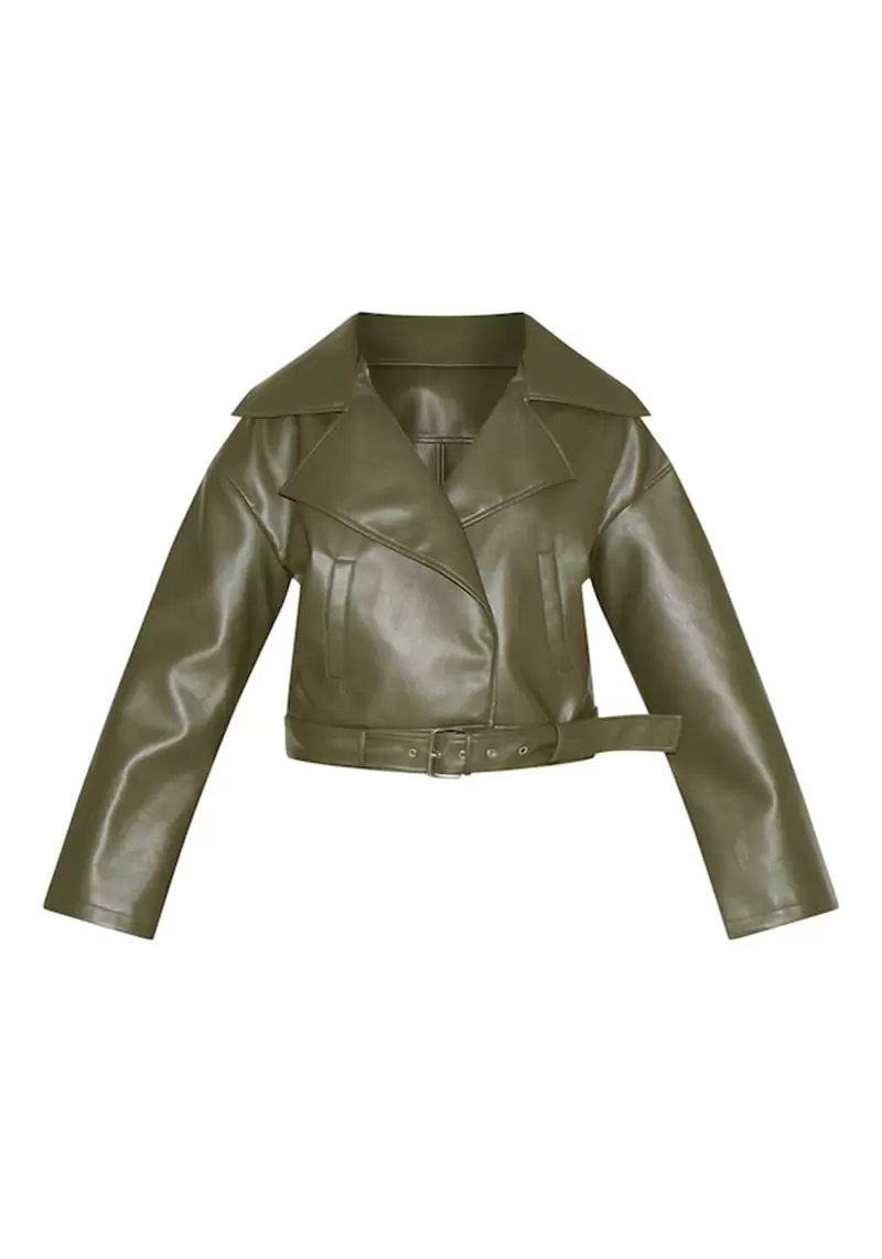 Faux Leather Belted Relaxed Fit Biker Jacket